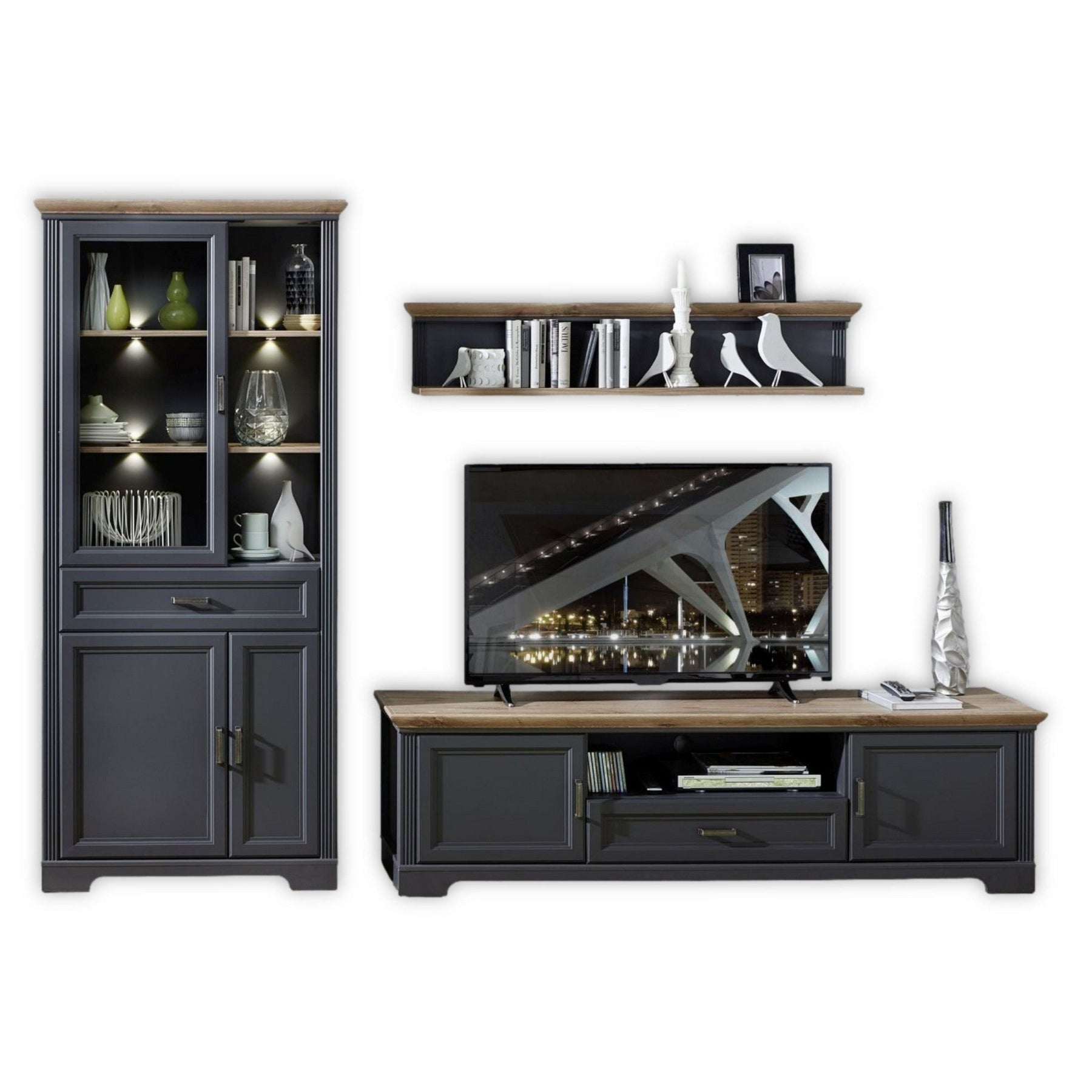 Set living JASMIN 3, gri grafit/stejar artisan, format din comoda TV, vitrina si o polita