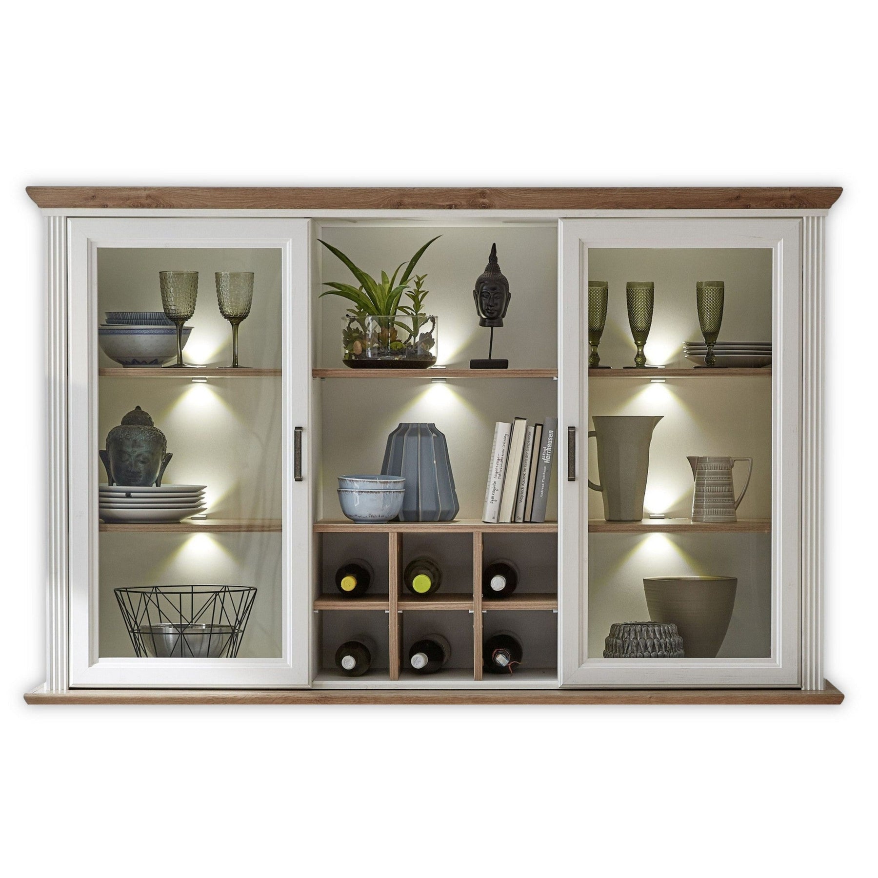 Vitrina JASMIN, alb/stejar artisan, PAL/sticla, cu iluminare LED, 166x42x103 cm