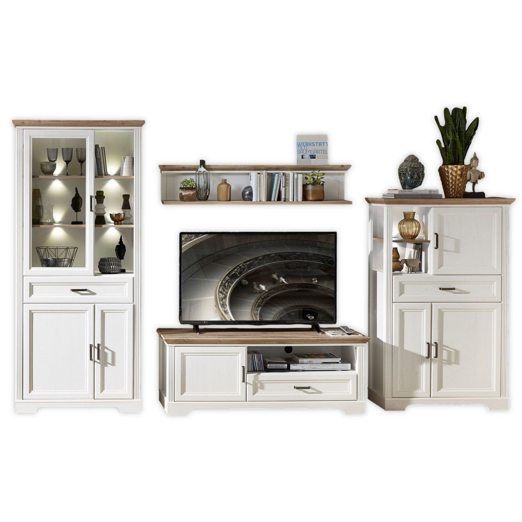 Set living JASMIN 2, alb/stejar artisan, format din 2 comode, vitrina si o polita