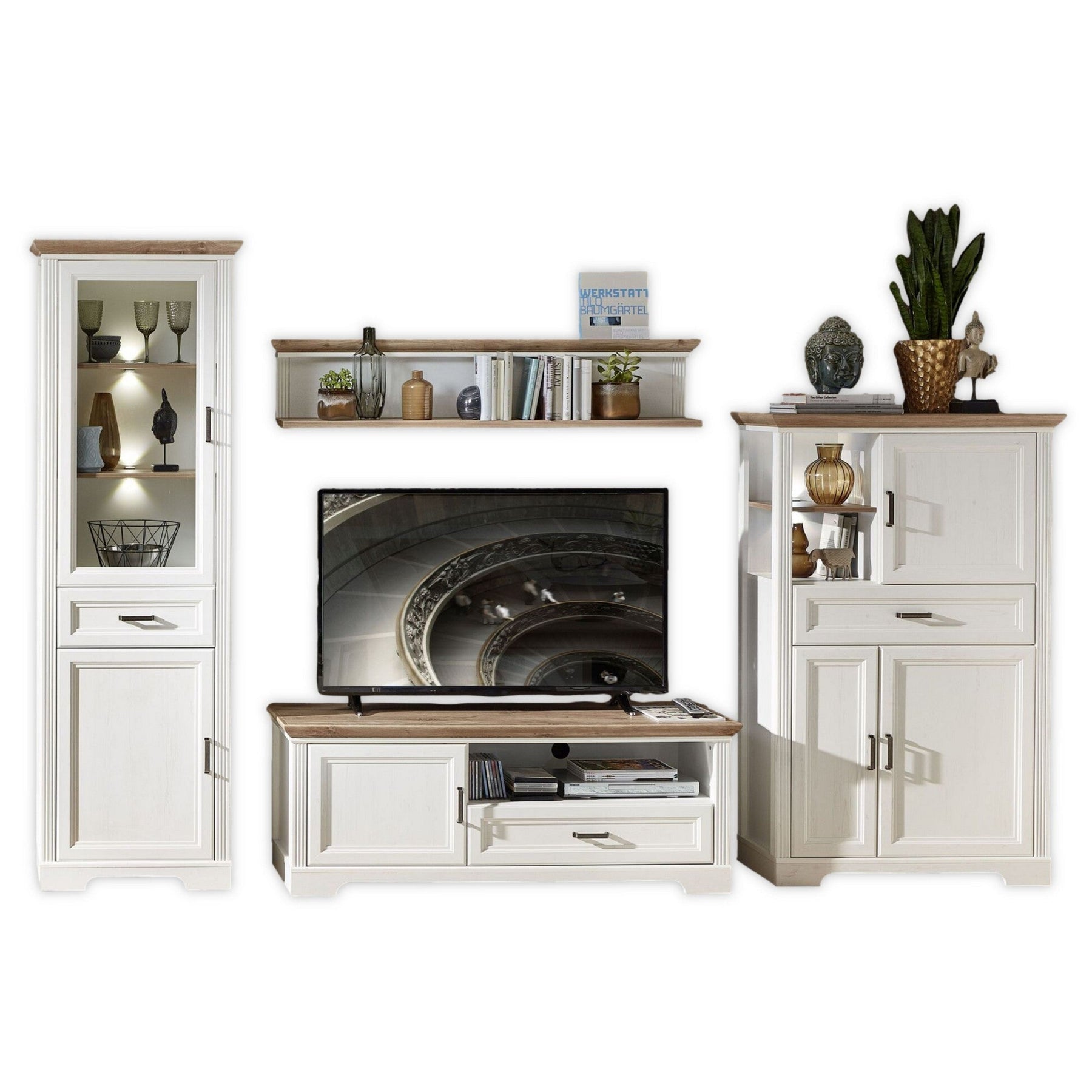 Set living JASMIN, alb/stejar artisan, format din 2 comode, vitrina si o polita
