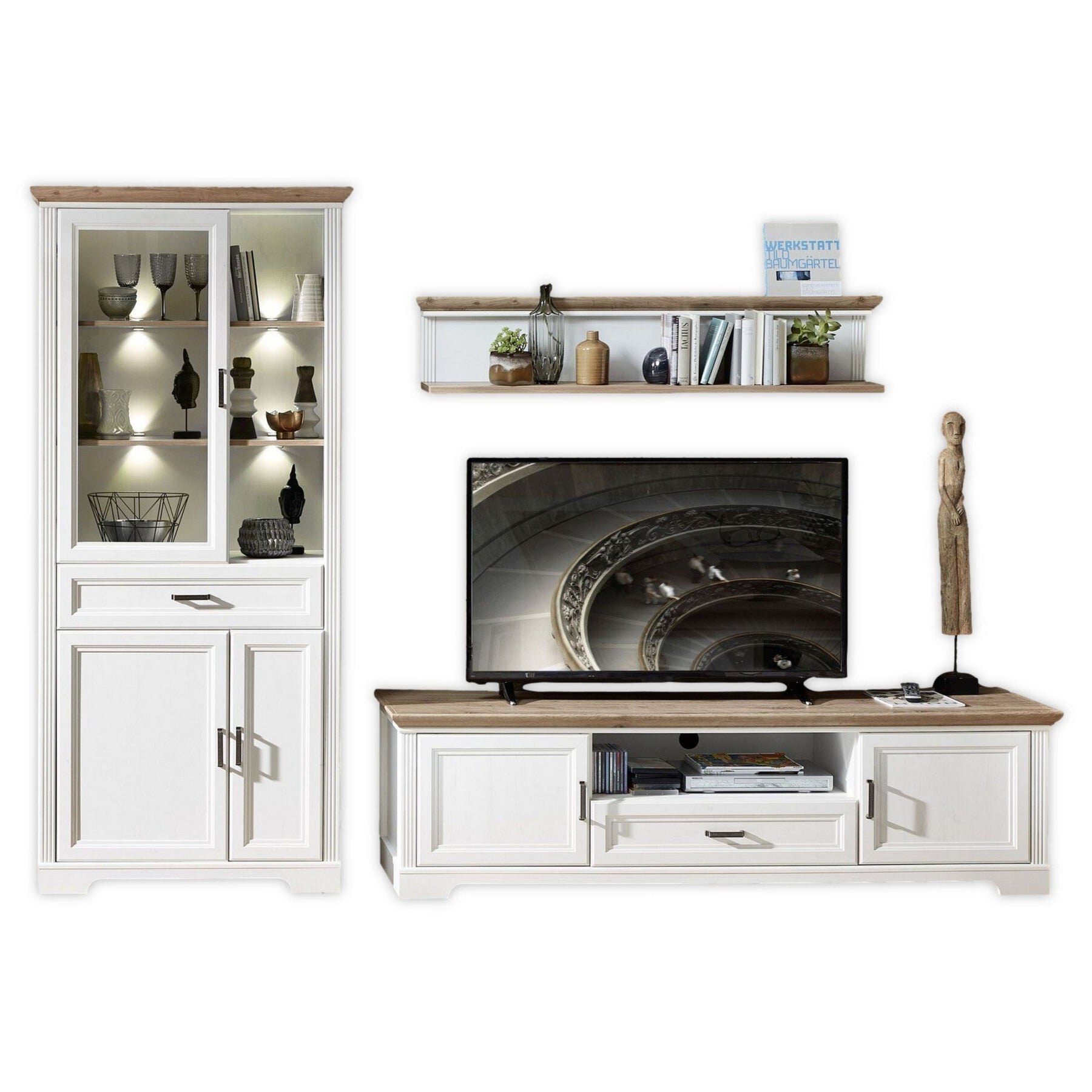 Set living JASMIN 3, alb/stejar artisan, format din comoda TV, vitrina si o polita