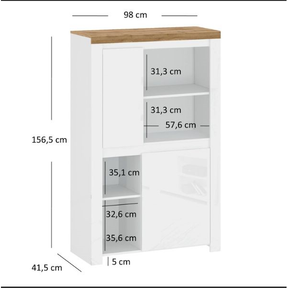 Comoda Vigo 2D, alb lucios/stejar wotan, PAL laminat/MDF, 98x42x157 cm