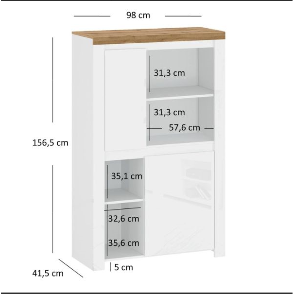 Comoda Vigo 2D, alb lucios/stejar wotan, PAL laminat/MDF, 98x42x157 cm