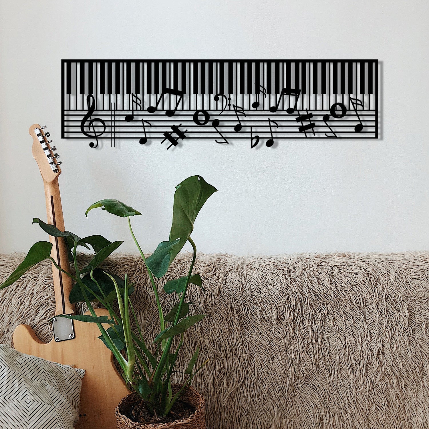 Decoratiune perete Piano - M121, negru, metal, 70x30 cm