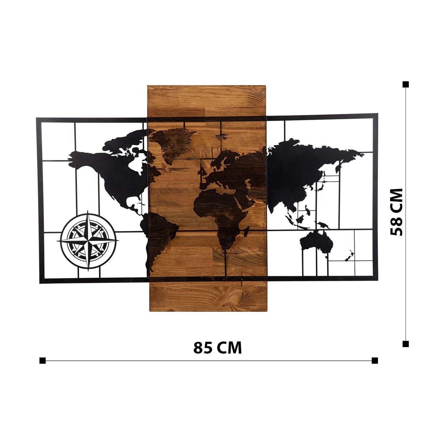 Accesoriu decorativ World Map Wıth Compass, negru/nuc, lemn/metal, 85x58 cm