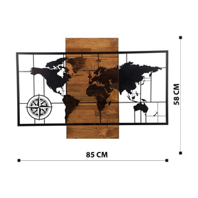 Accesoriu decorativ World Map Wıth Compass, negru/nuc, lemn/metal, 85x58 cm