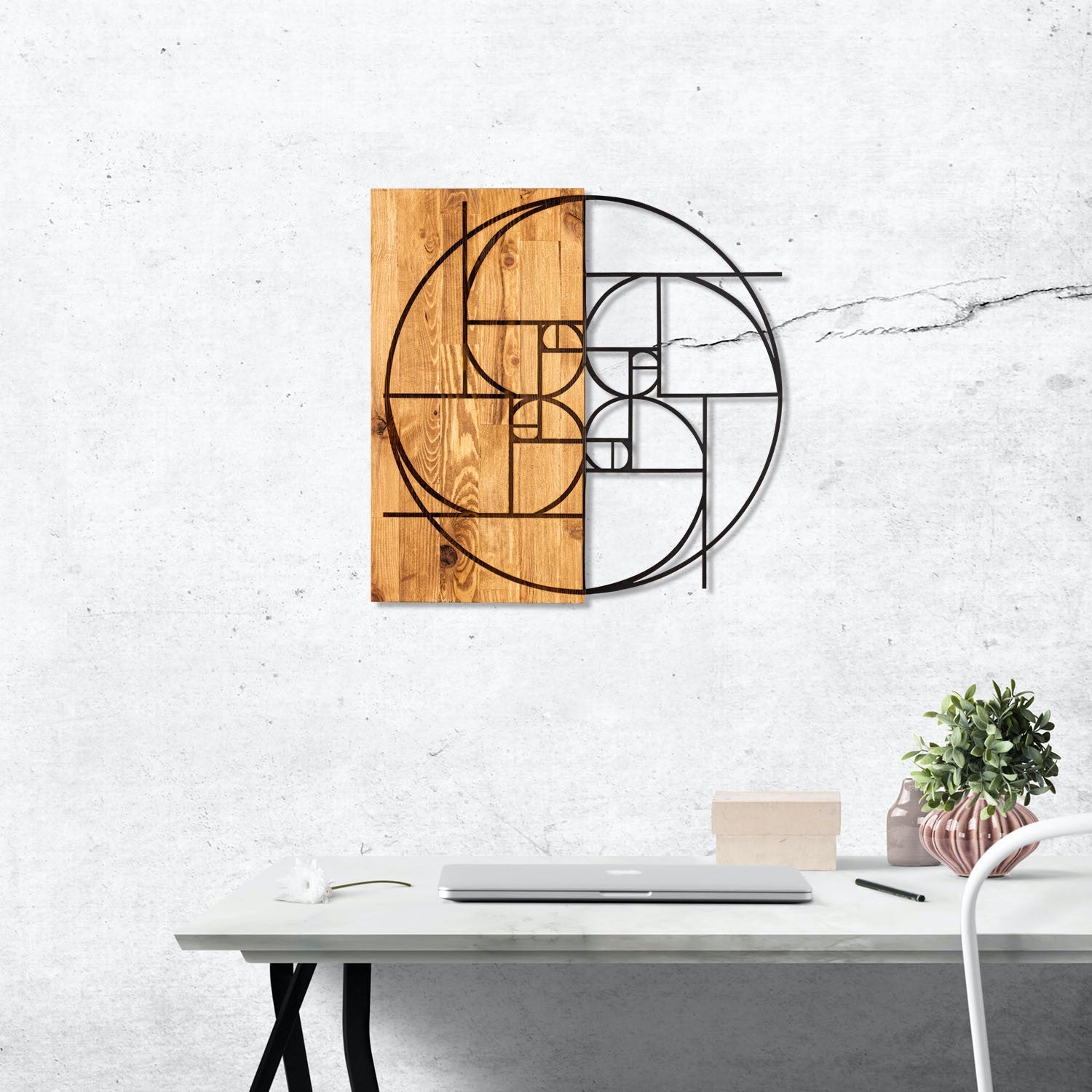 Decoratiune perete GOLDEN RATIO, negru/maro, metal/lemn, 57x58 cm