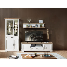 Set living JASMIN 3, alb/stejar artisan, format din comoda TV, vitrina si o polita