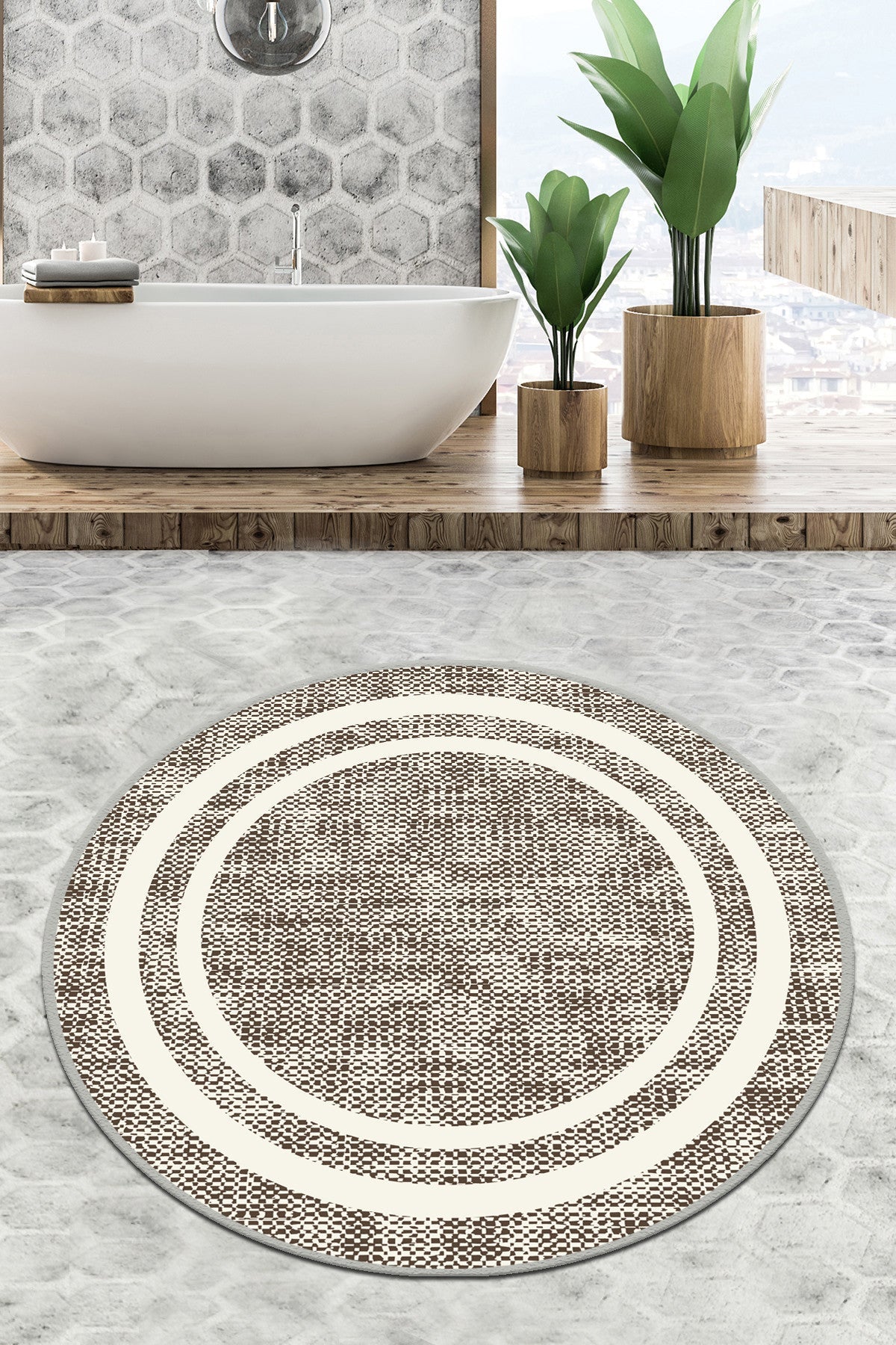 Covoras baie FORMICA CIRCLE DJT, 100x100 cm, forma rotunda, poliester, bej/alb