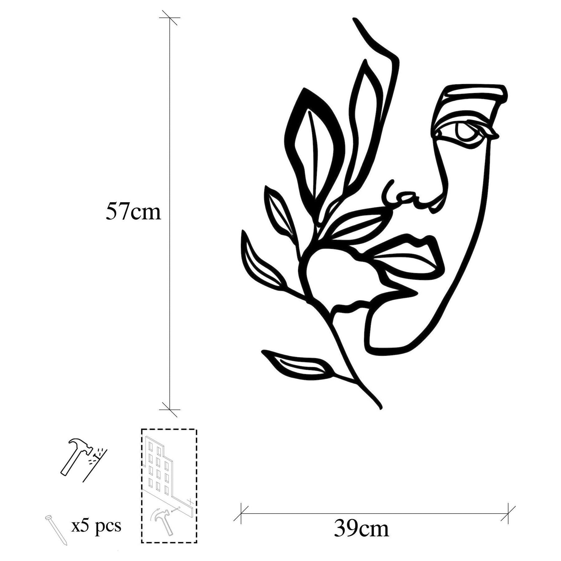 Accesoriu decorativ de perete Woman Face Behind The Branch, negru, metal, 46x56 cm