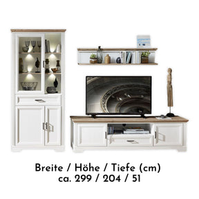 Set living JASMIN 3, alb/stejar artisan, format din comoda TV, vitrina si o polita