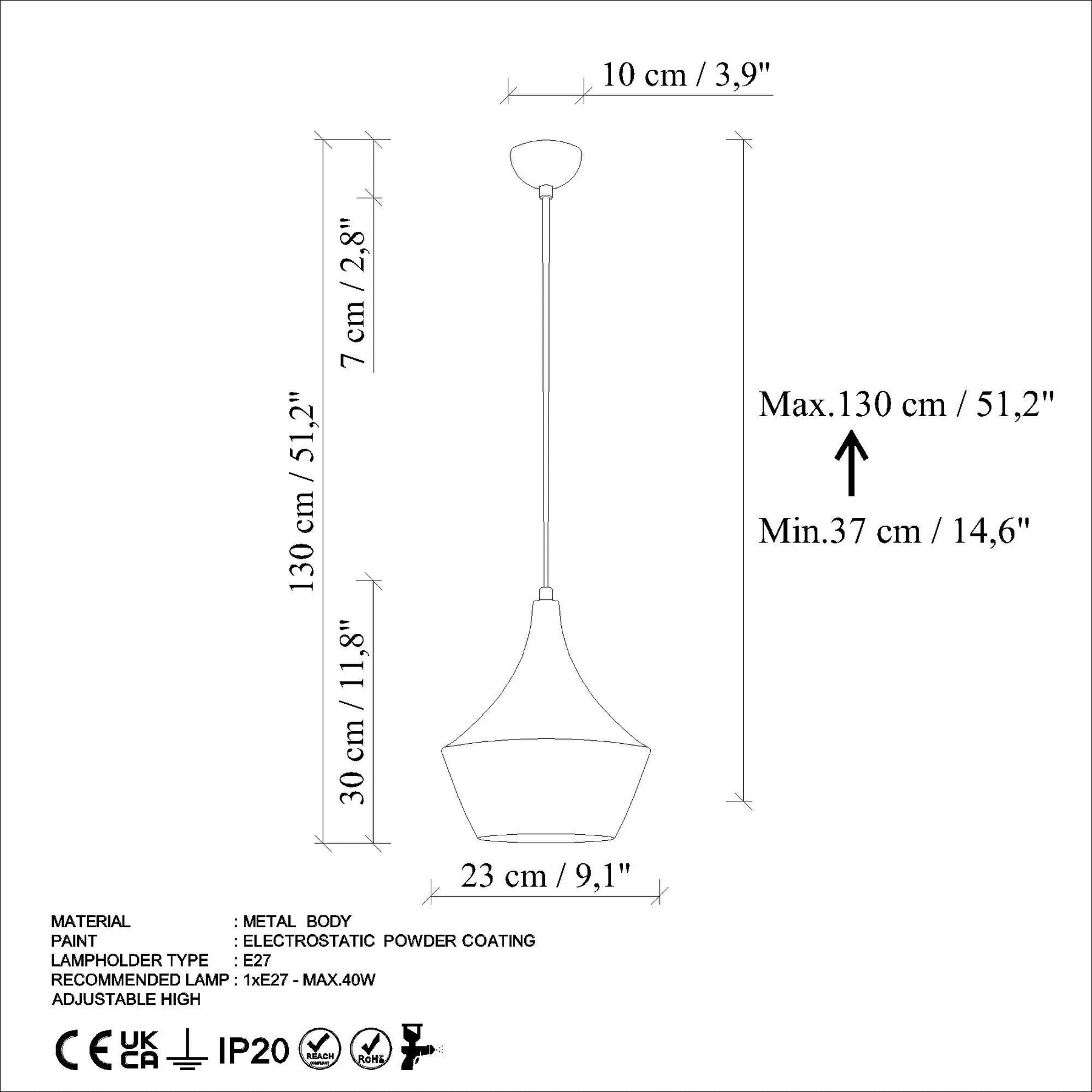 Lustra TOM 3551, metal, 23x37-130 cm