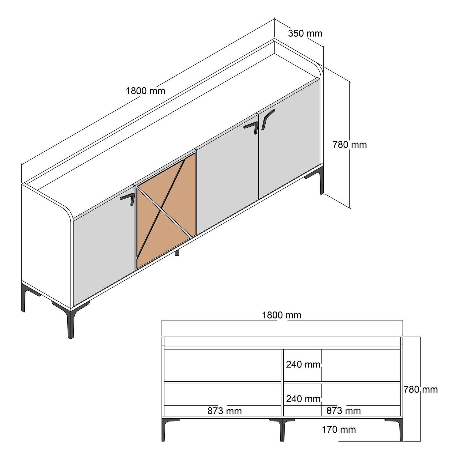 Comoda Venedik, nuc, 100% PAL melaminat, 180x35x78 cm, 4 usi