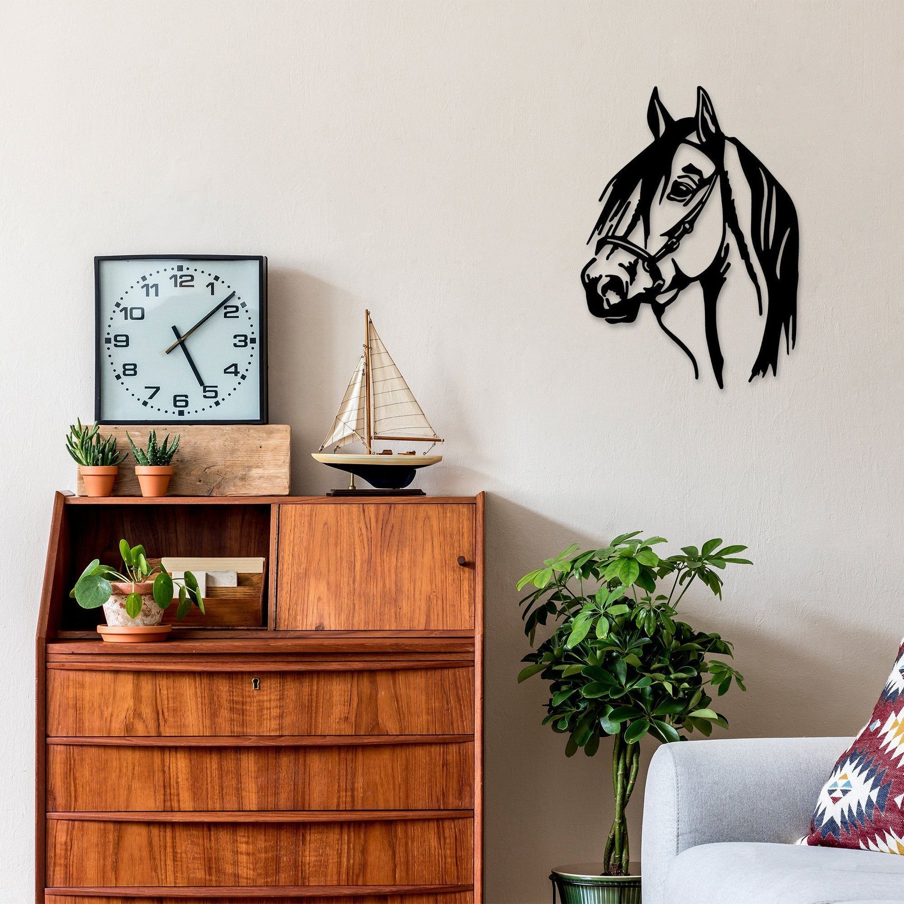 Accesoriu decorativ de perete Horse Head, 100% metal, negru, 40x55 cm