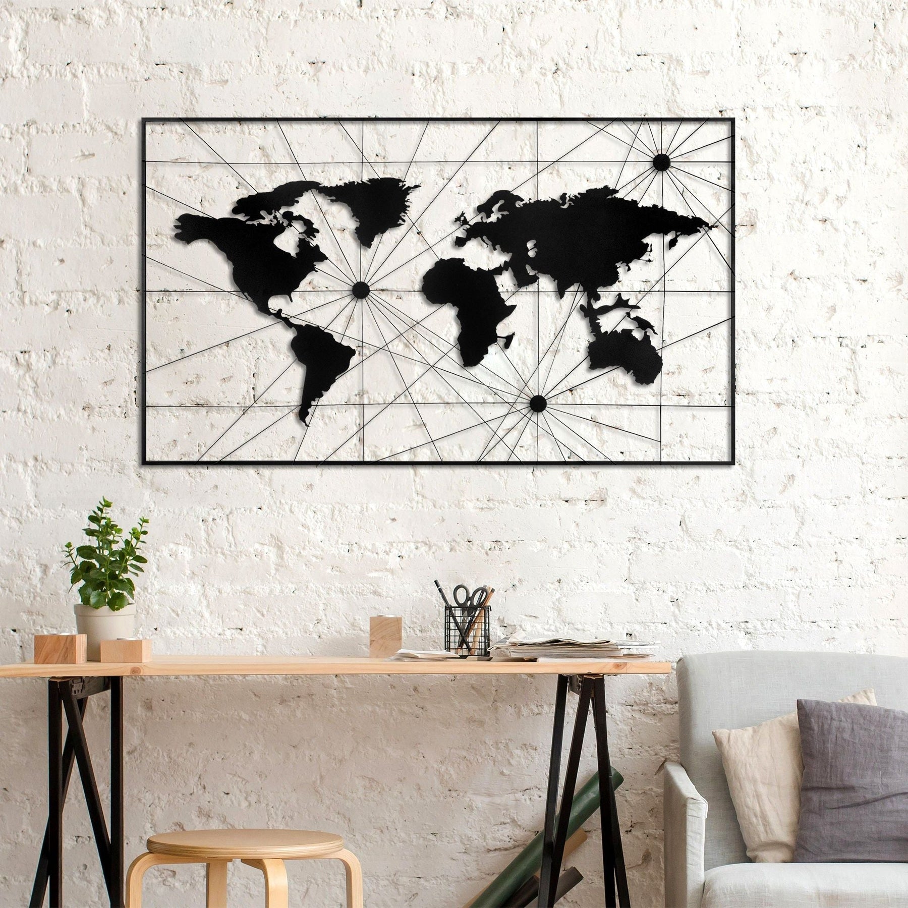 Accesoriu decorativ World Map, 16, negru, metal, 120x70 cm