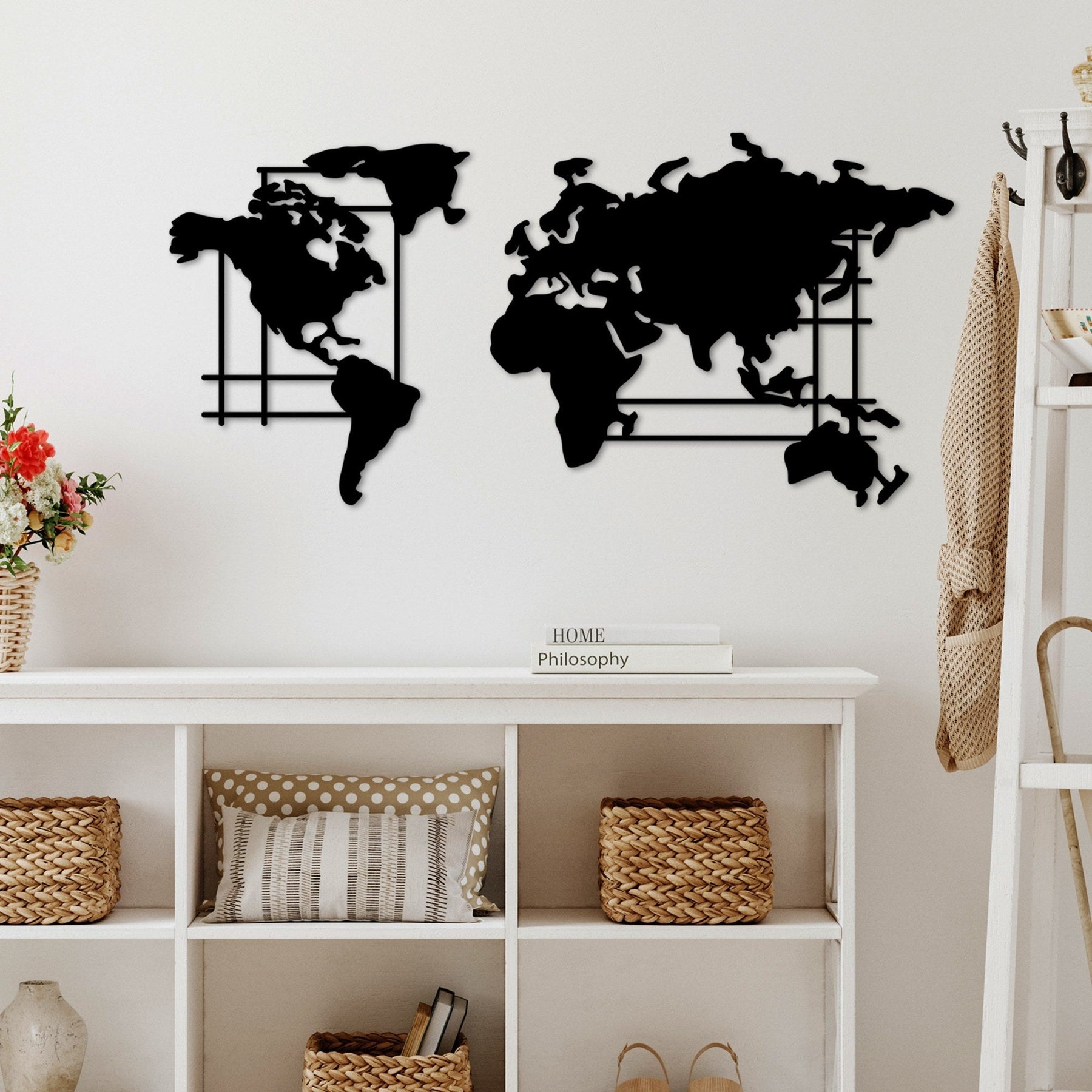 Decoratiune perete WORLD MAP - L, negru, metal, 120x56 cm