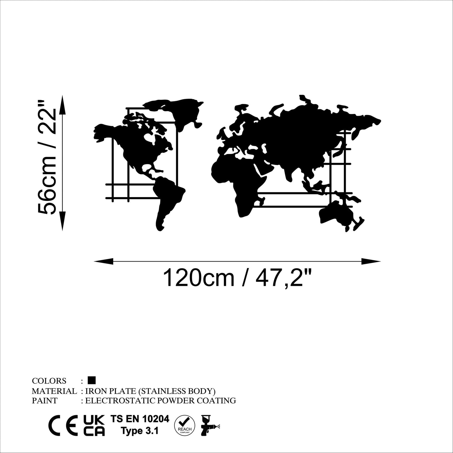 Decoratiune perete WORLD MAP - L, negru, metal, 120x56 cm