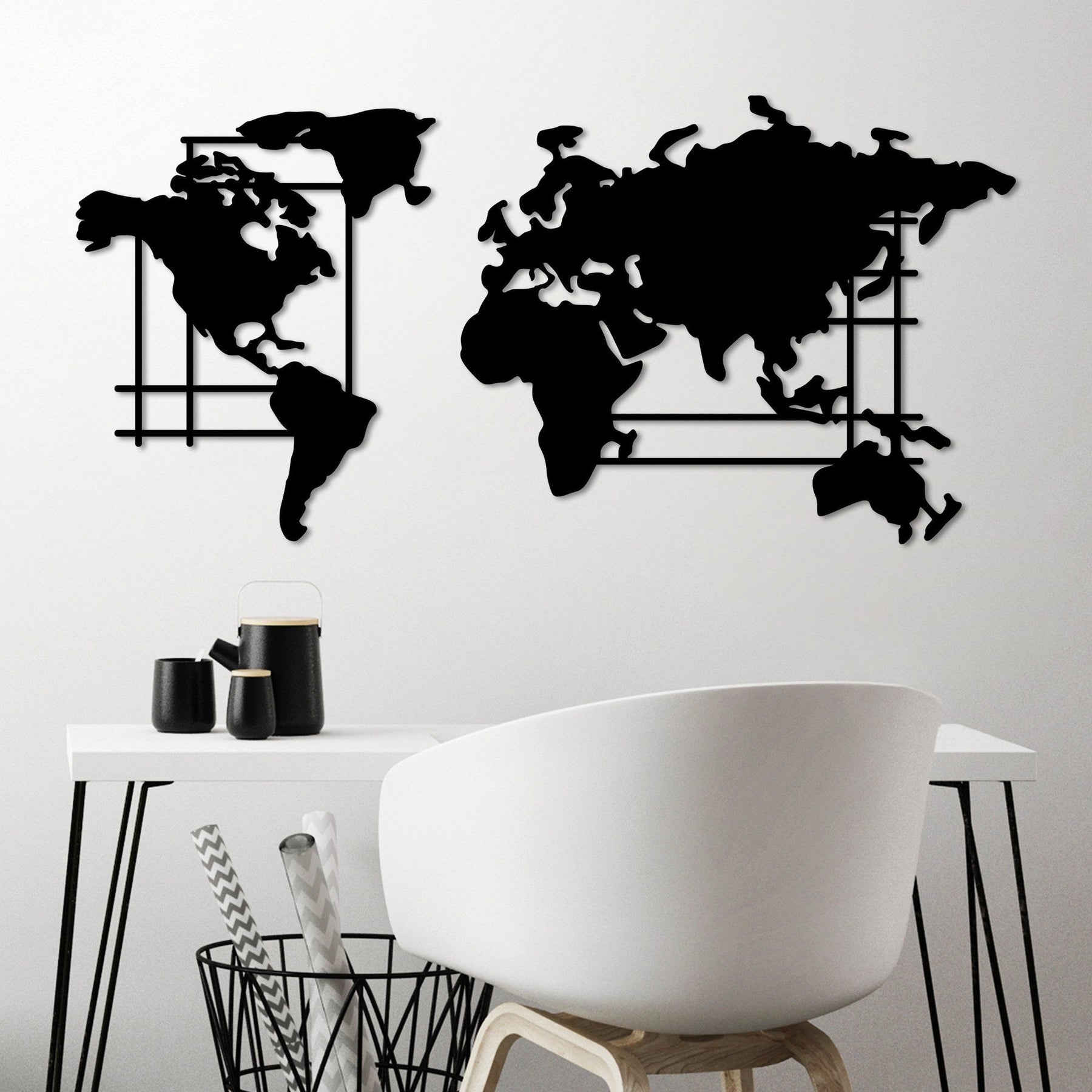 Decoratiune perete WORLD MAP - L, negru, metal, 120x56 cm