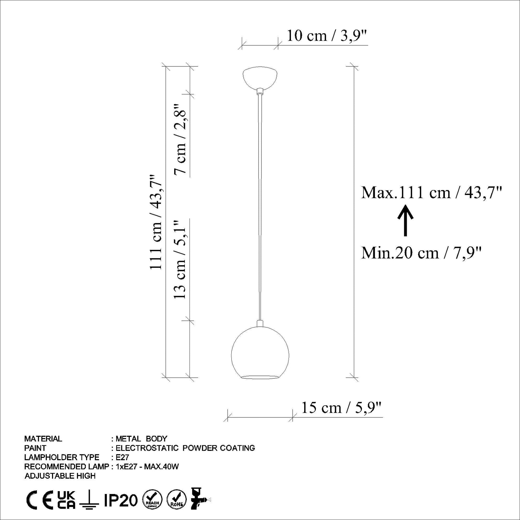 Lustra TOP, albastru, metal, 15x20-111 cm