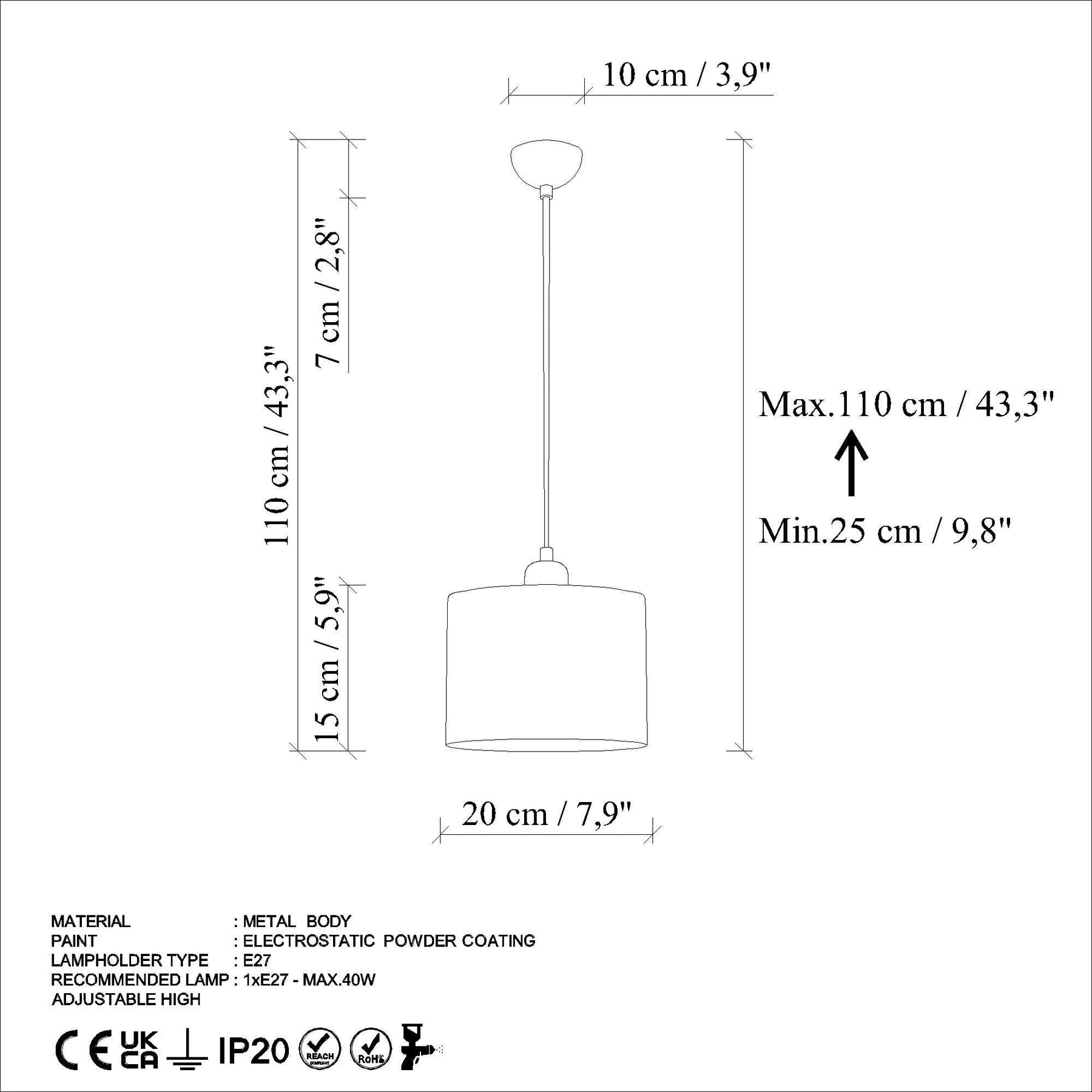 Lustra DUZ, albastru, metal, 20x25-110 cm