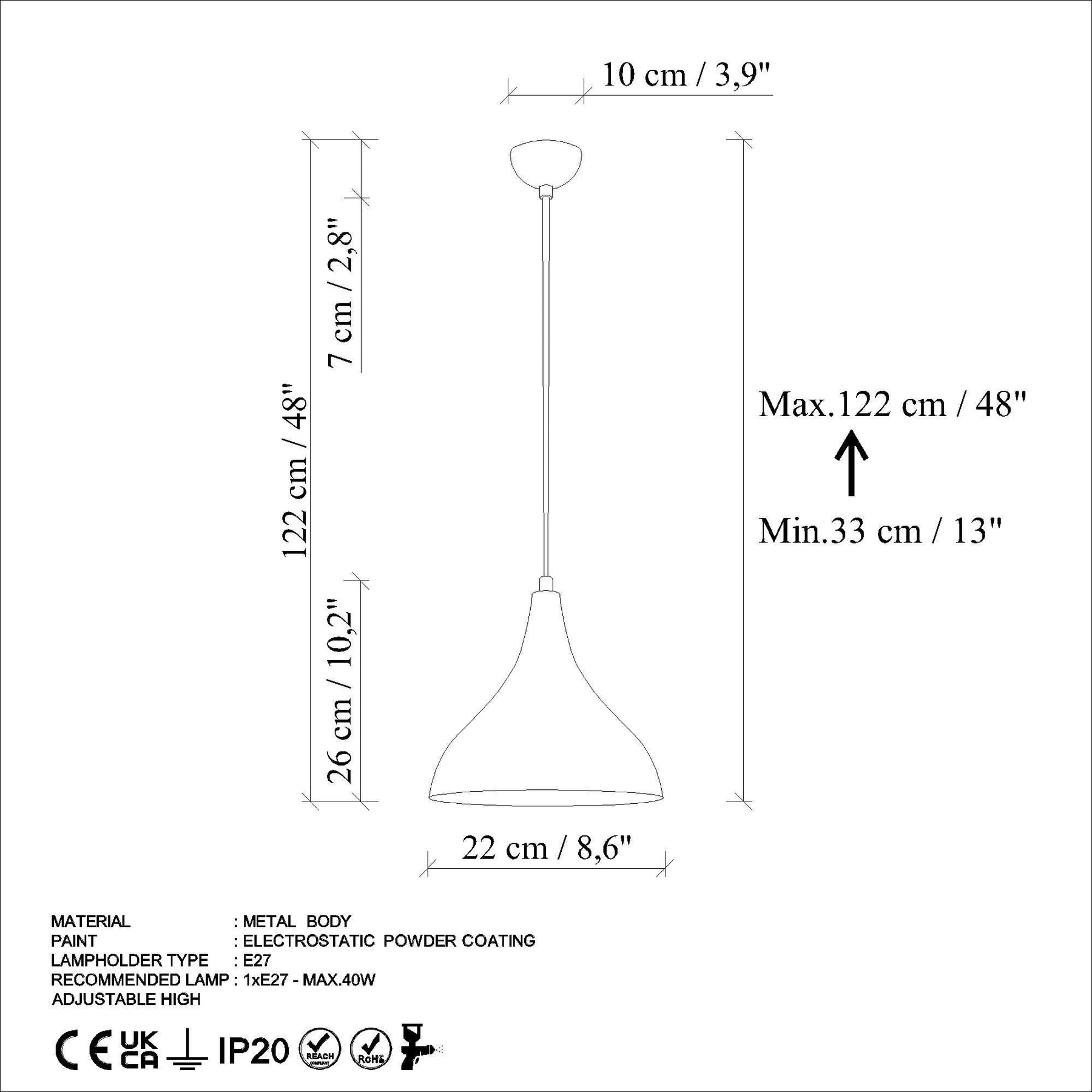 Lustra BITLIS, albastru, metal, 22x33-122 cm