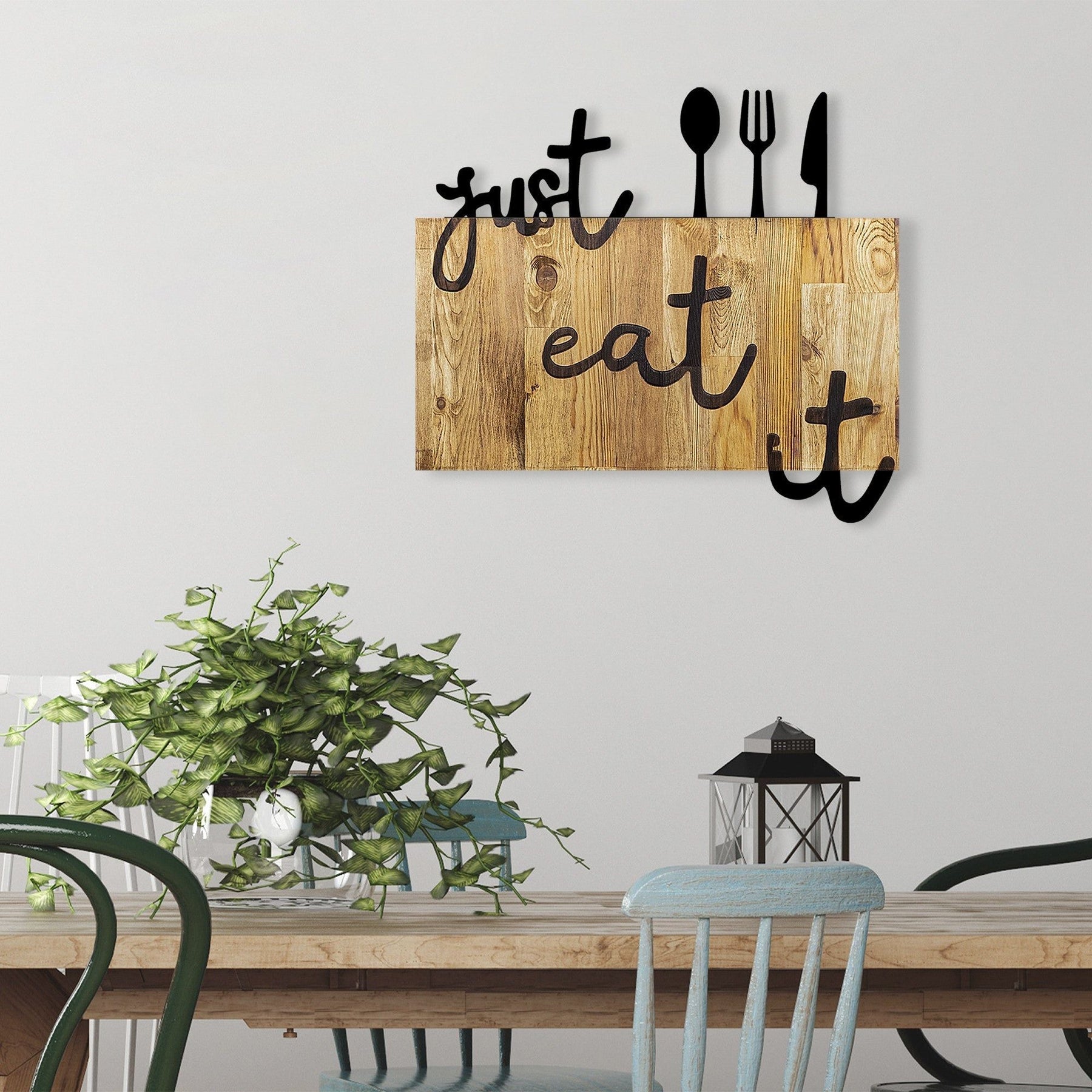 Accesoriu decorativ de perete Just Eat It, lemn/metal, nuc/negru, 58x3x52 cm