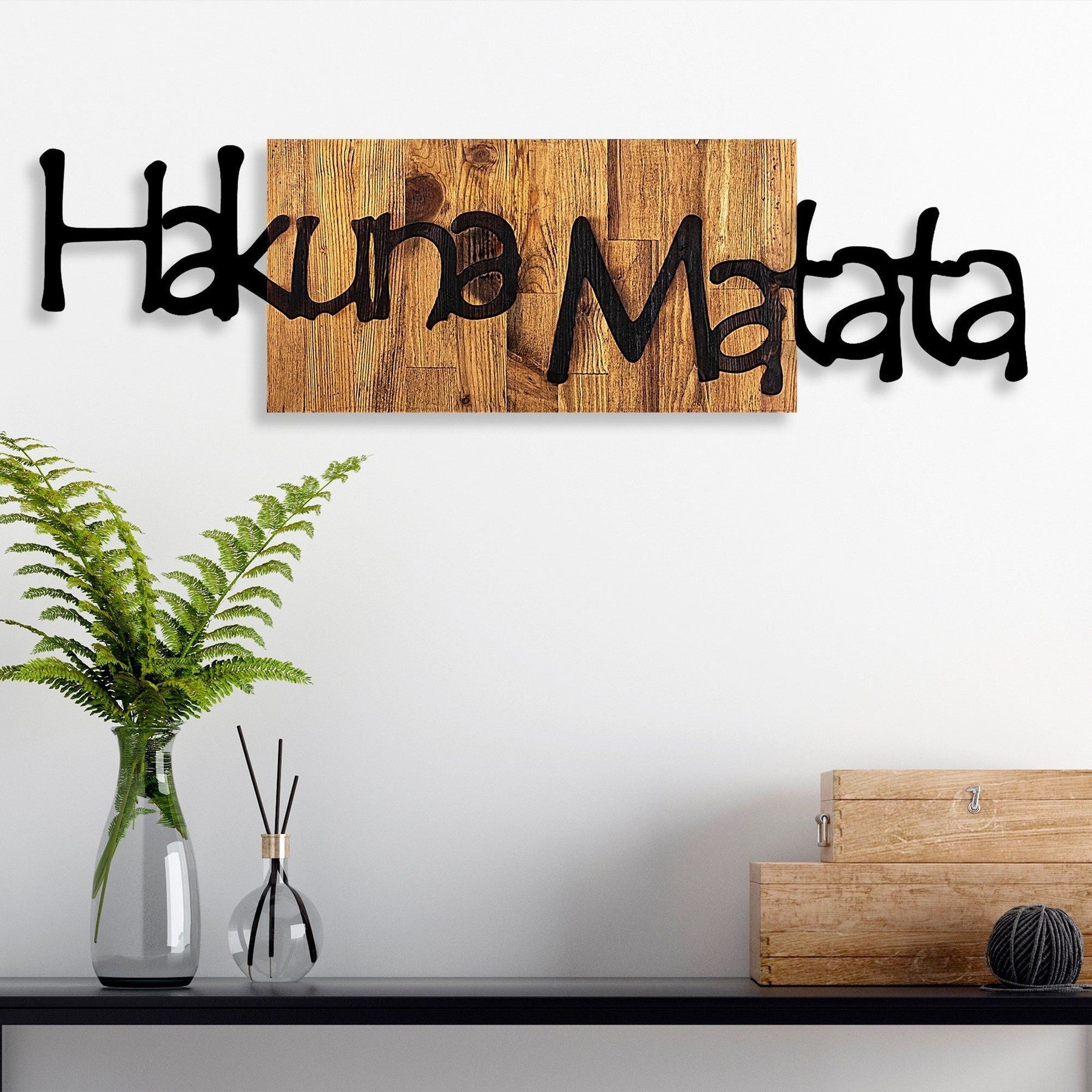 Decoratiune perete Hakuna Matata 4, negru/nuc, lemn/metal, 108x3x30 cm