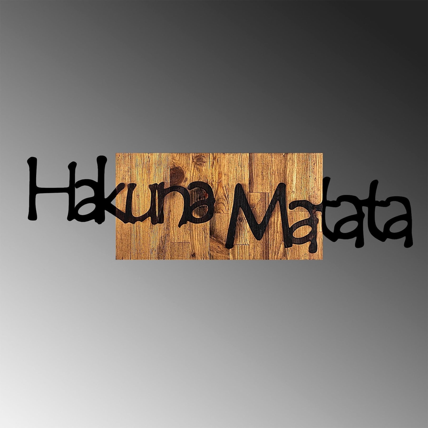 Decoratiune perete Hakuna Matata 4, negru/nuc, lemn/metal, 108x3x30 cm