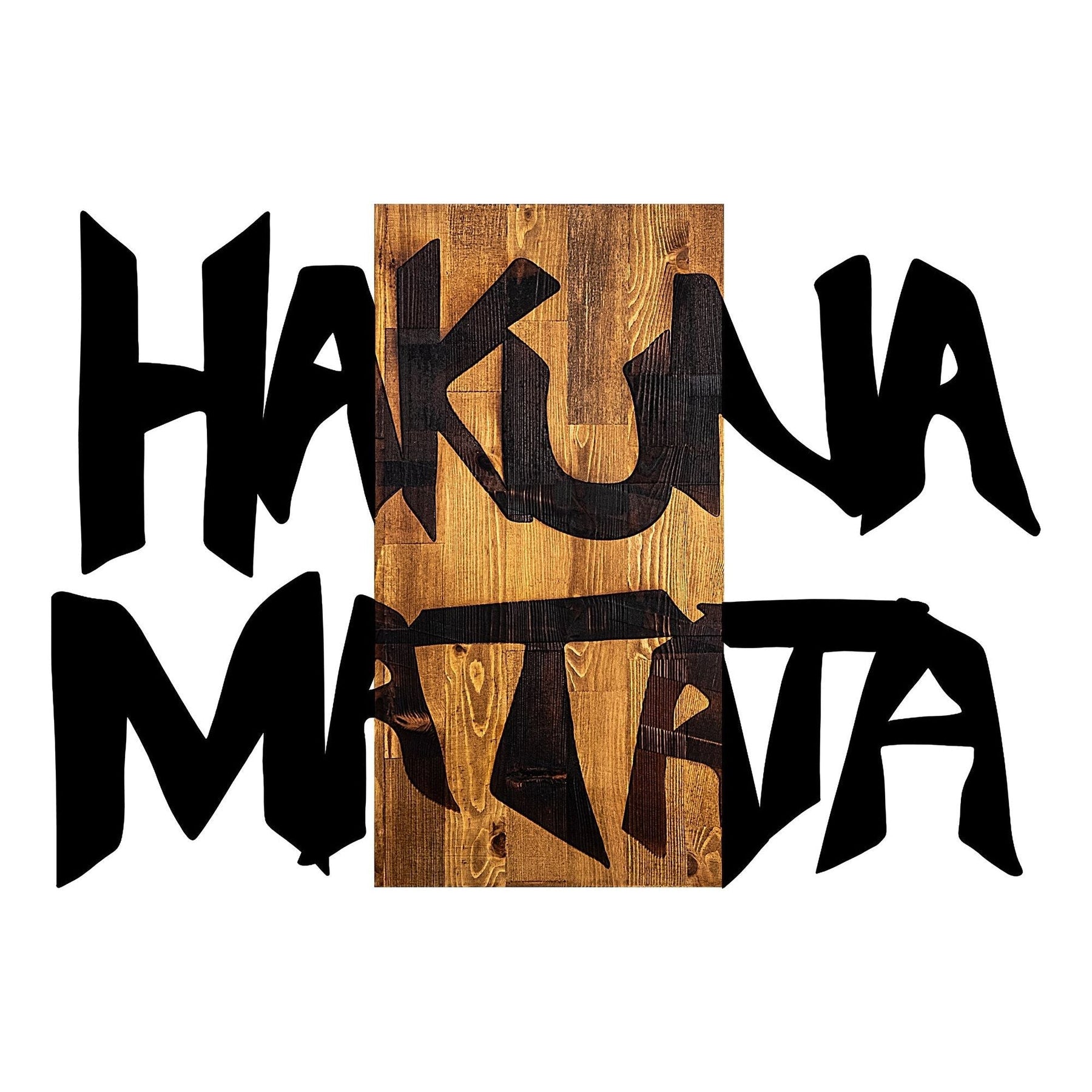 Decoratiune perete Hakuna Matata 5, negru/nuc, lemn/metal, 77x3x58 cm