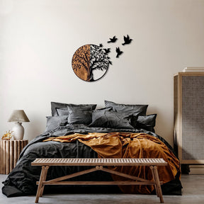 Accesoriu decorativ Tree And Birds, 322, negru/nuc, metal/lemn, 92x3x71 cm