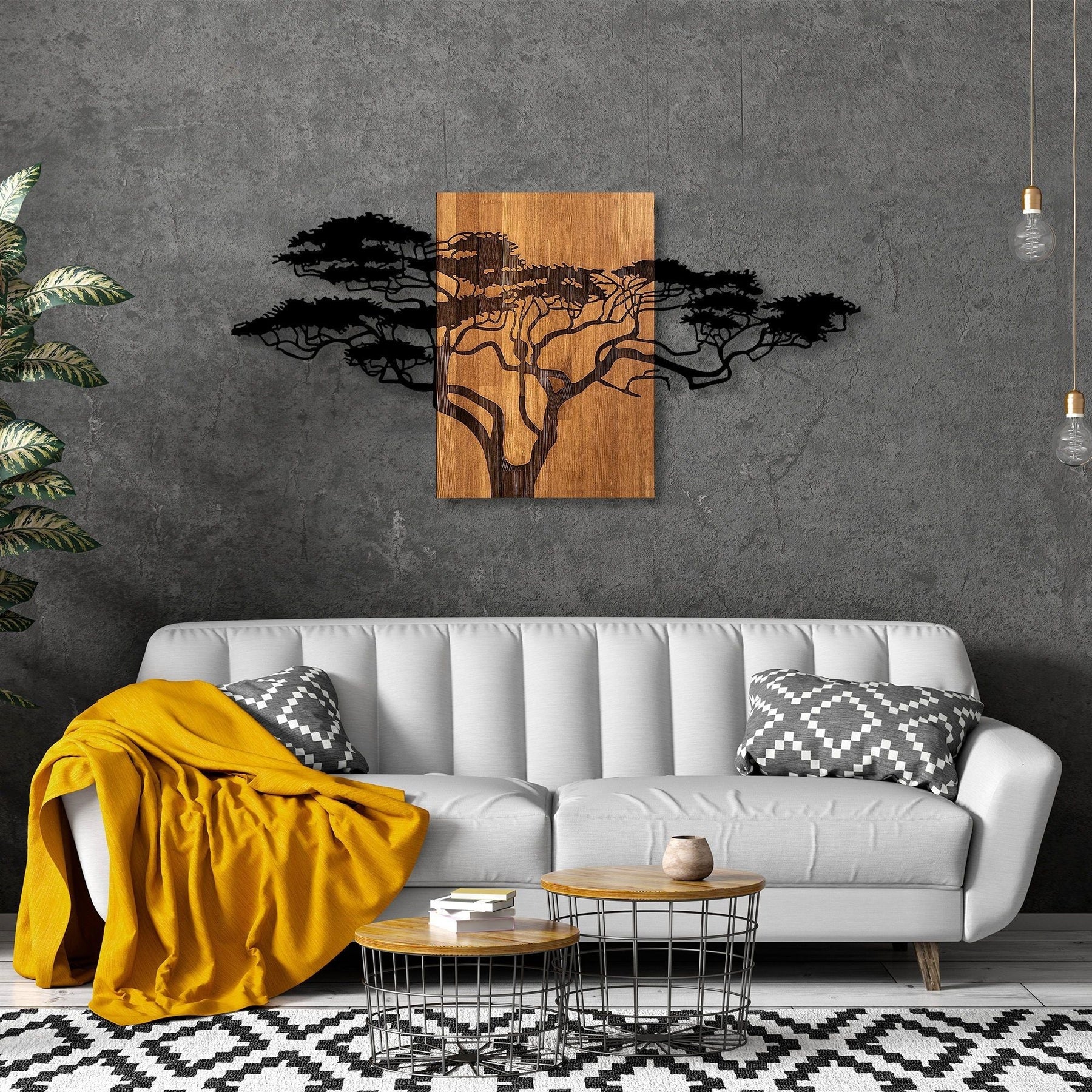 Decoratiune de perete Acacia Tree - 329, negru/nuc, lemn/metal, 144x3x70 cm