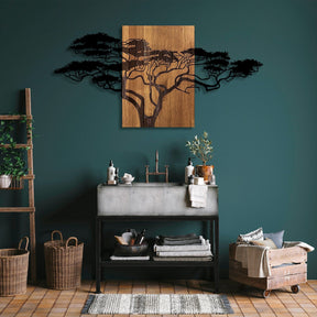 Decoratiune de perete Acacia Tree - 329, negru/nuc, lemn/metal, 144x3x70 cm