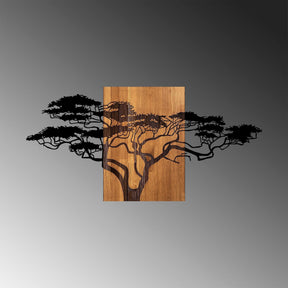 Decoratiune de perete Acacia Tree - 329, negru/nuc, lemn/metal, 144x3x70 cm