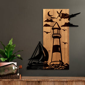 Decoratiune perete LIGHTHOUSE, negru/stejar, metal/lemn, 52x58 cm