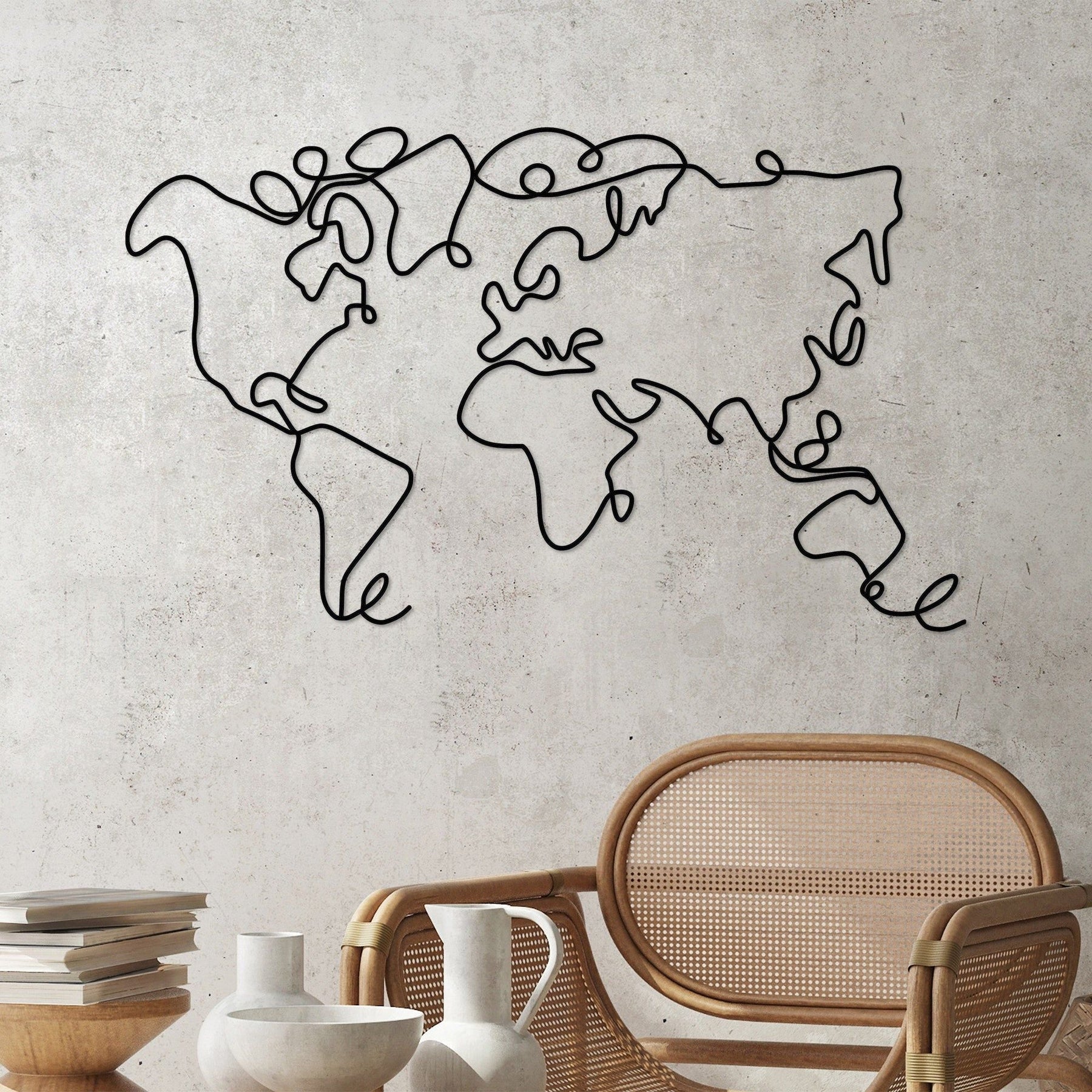 Accesoriu decorativ World Map, negru, metalic, 120x1,5x70 cm