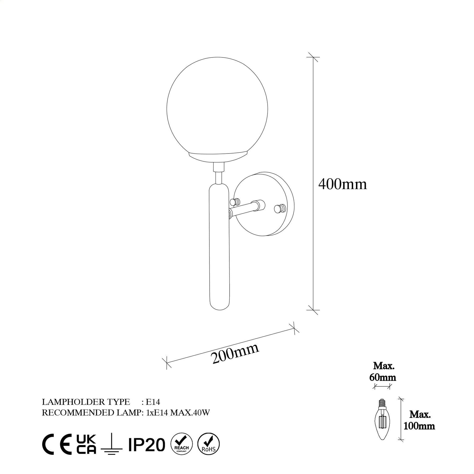 Lampa de perete King-11458, metal/sticla, 15x20x40 cm