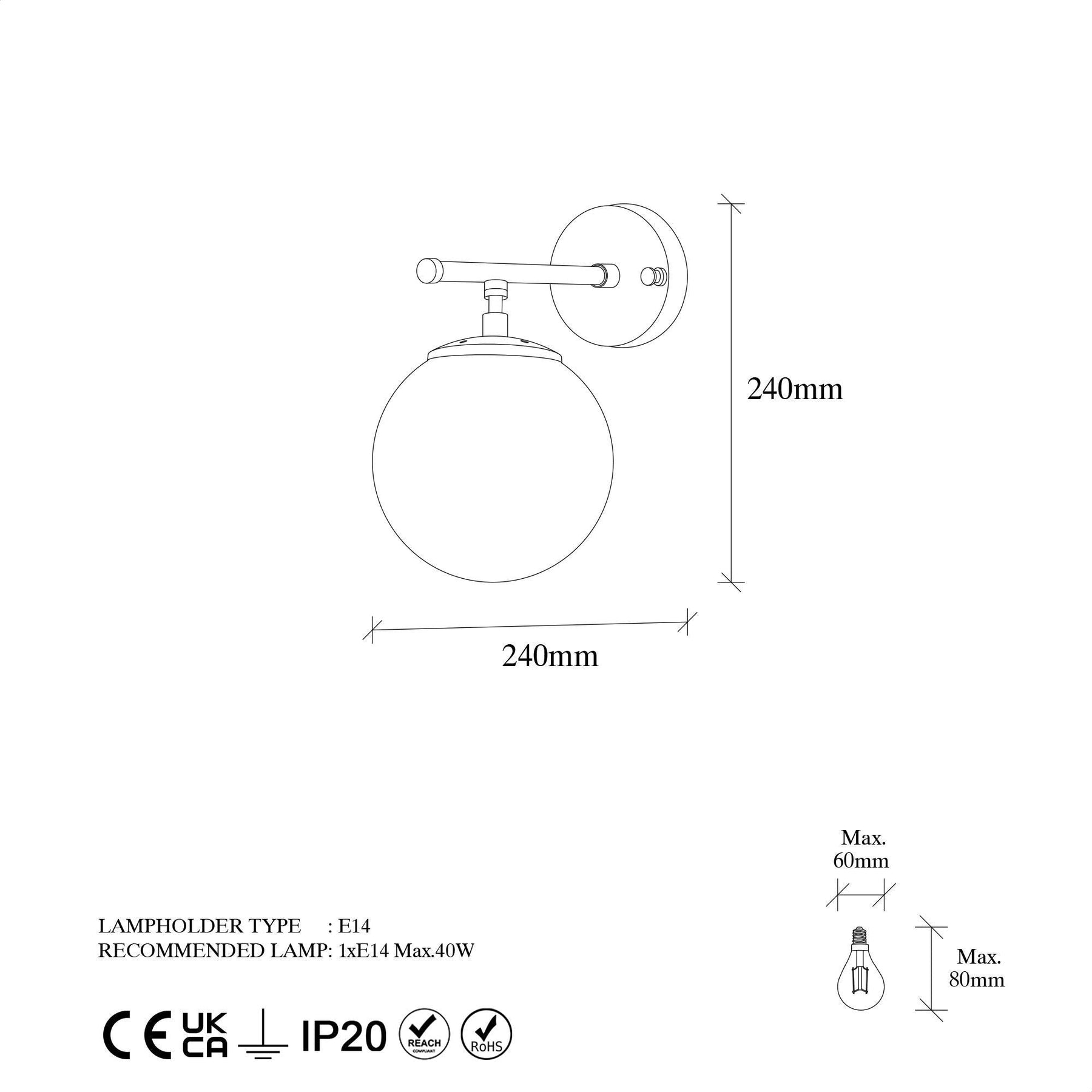 Lampa de perete Roe-10725, metal/sticla, 24x24 cm