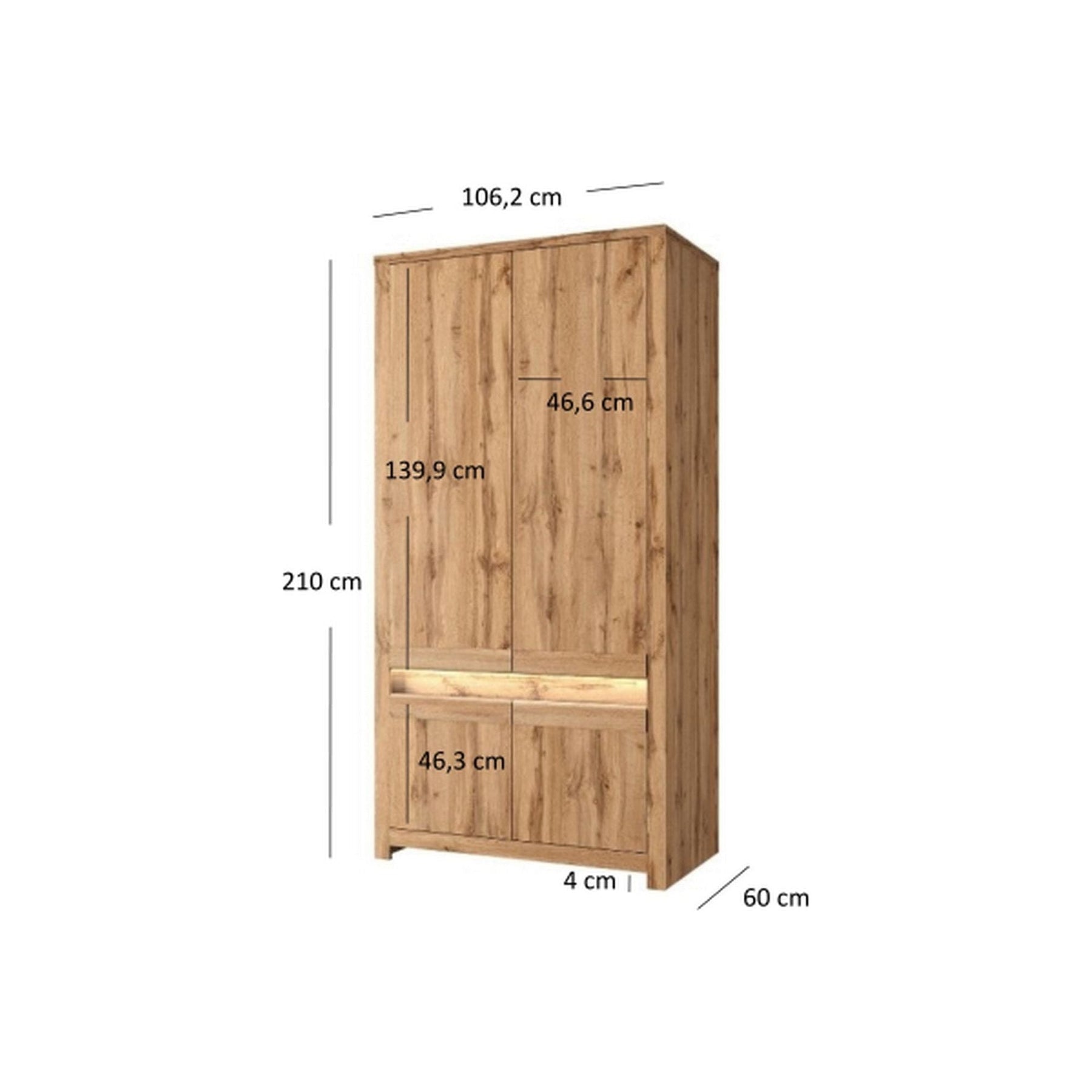 Dulap CLOVER, stejar wotan, PAL laminat, cu 4 usi, 106x60x210 cm