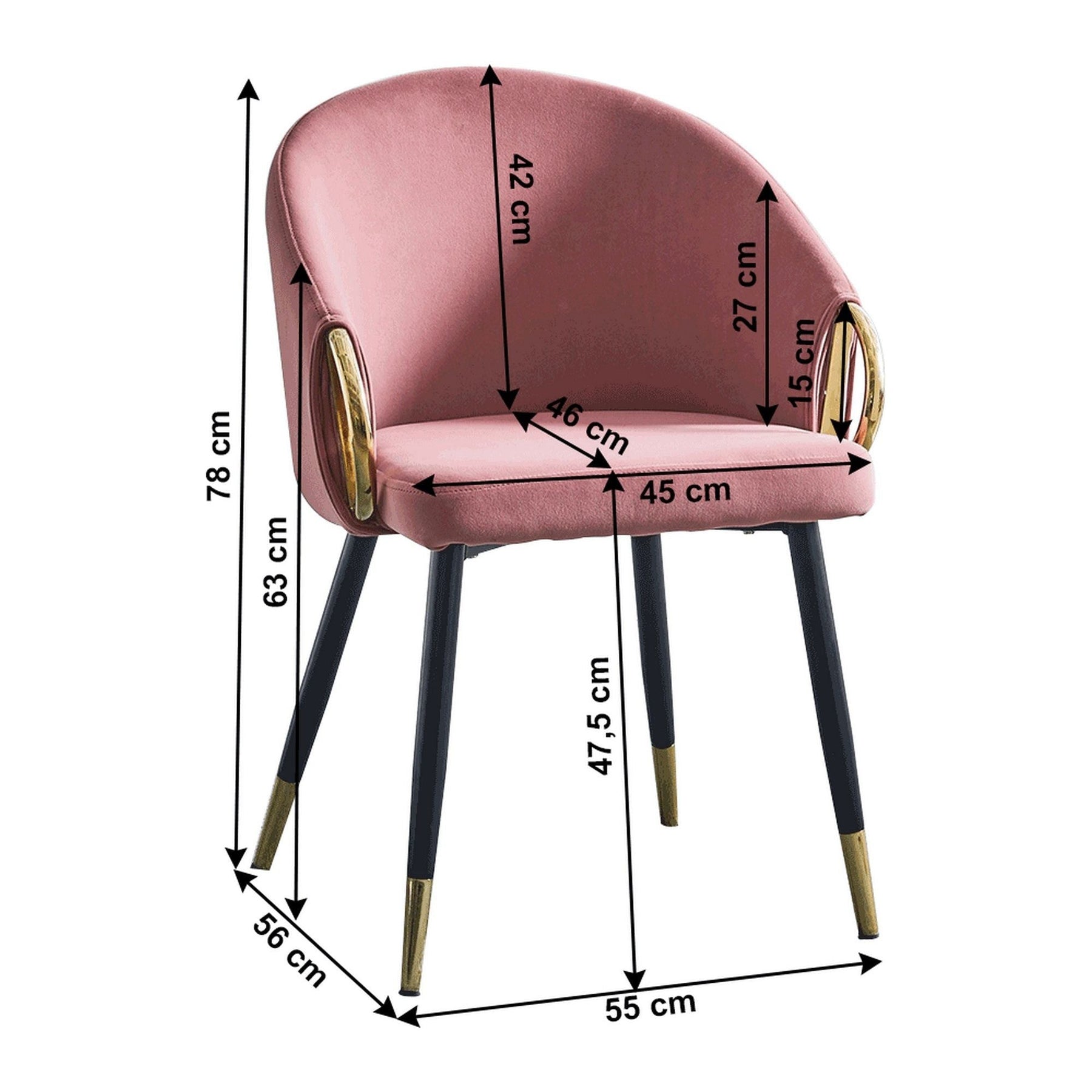 Scaun DONKO, metal/stofa catifelata, roz/auriu-negru, 55x56x78cm