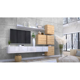 Mobilier living MANILA, alb lucios/stejar artisan, PAL, 7 piese