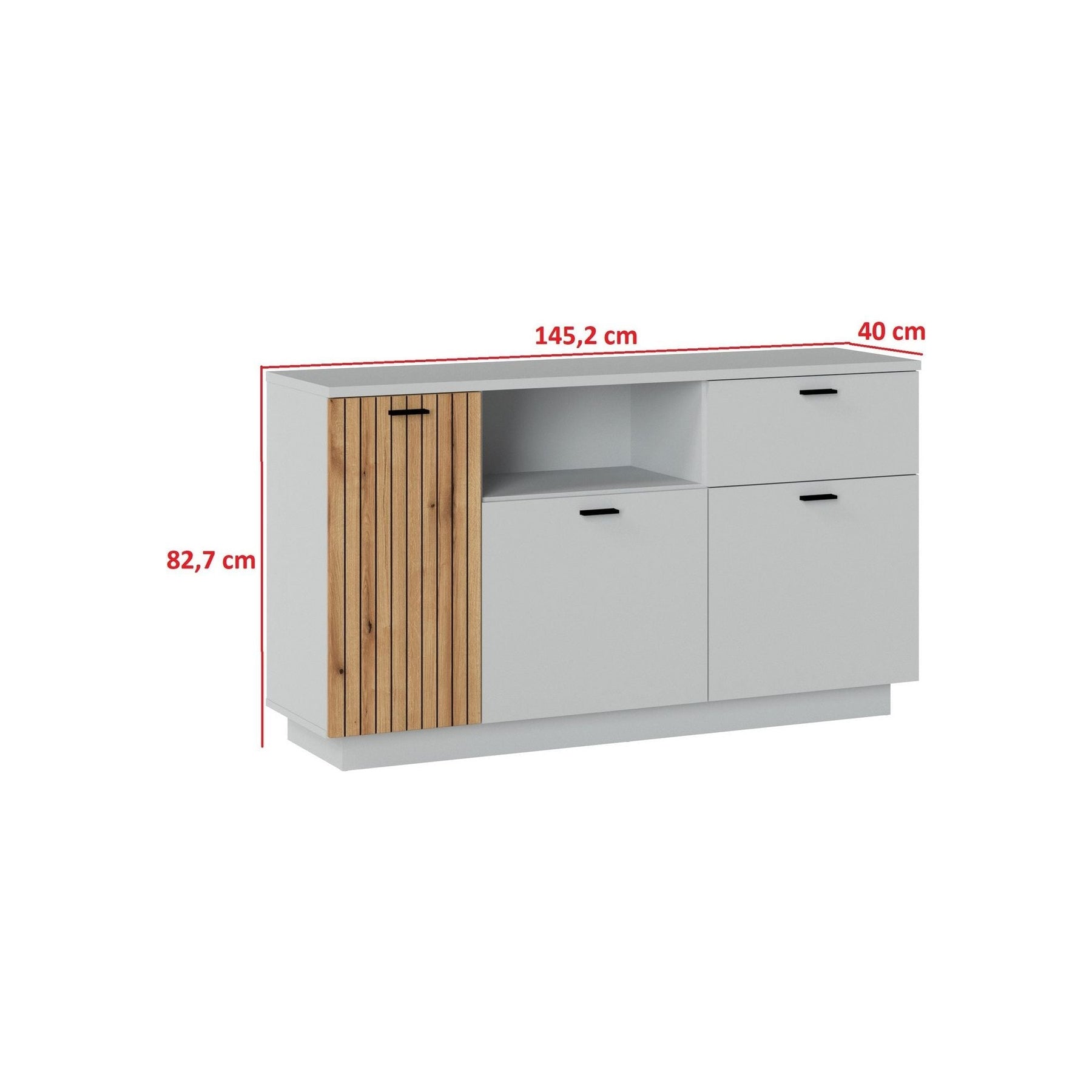 Comoda VERO, alb/stejar, PAL laminat/MDF, 145x40x83 cm