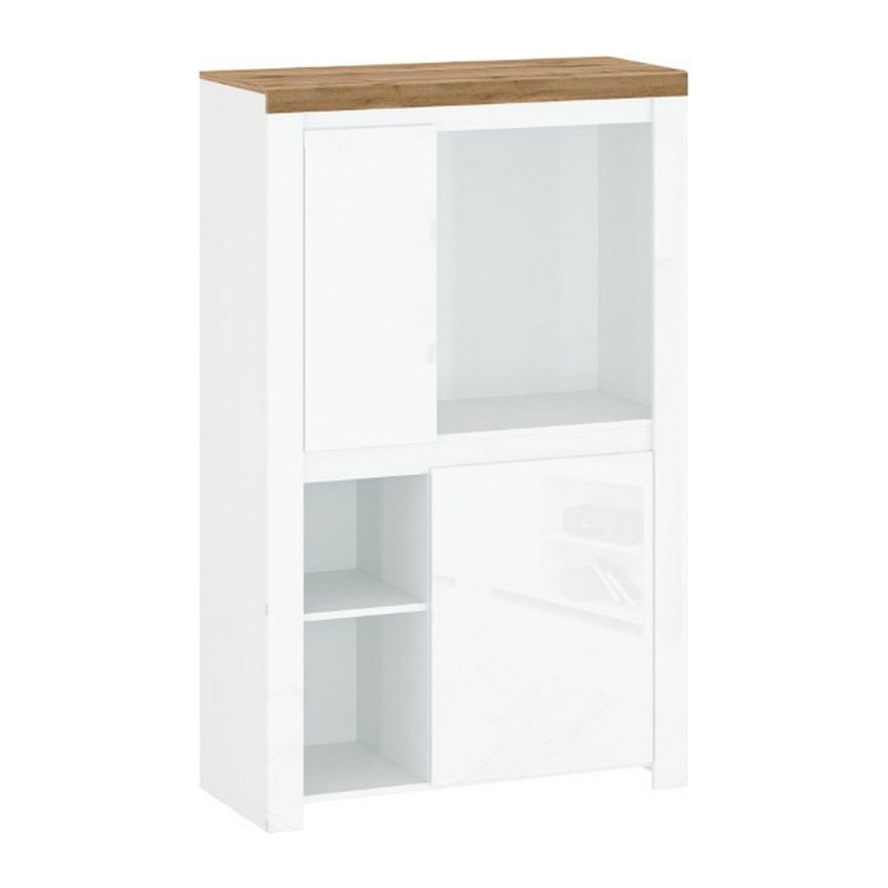 Comoda Vigo 2D, alb lucios/stejar wotan, PAL laminat/MDF, 98x42x157 cm