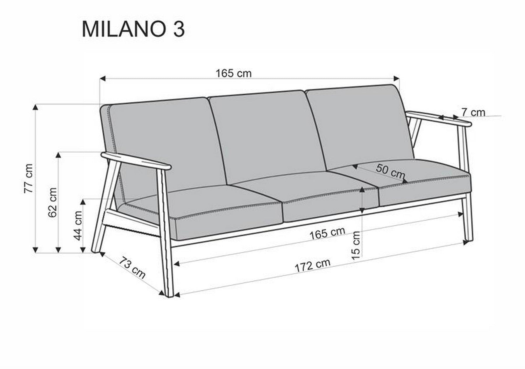 Canapea MILANO 3S, verde olive/nuc, stofa clasica/lemn, 175x77x77 cm