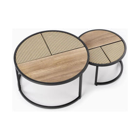 Set 2 masute cafea GARMIN, stejar auriu/negru, ratan sintetic, 70x36 cm si 50x30 cm