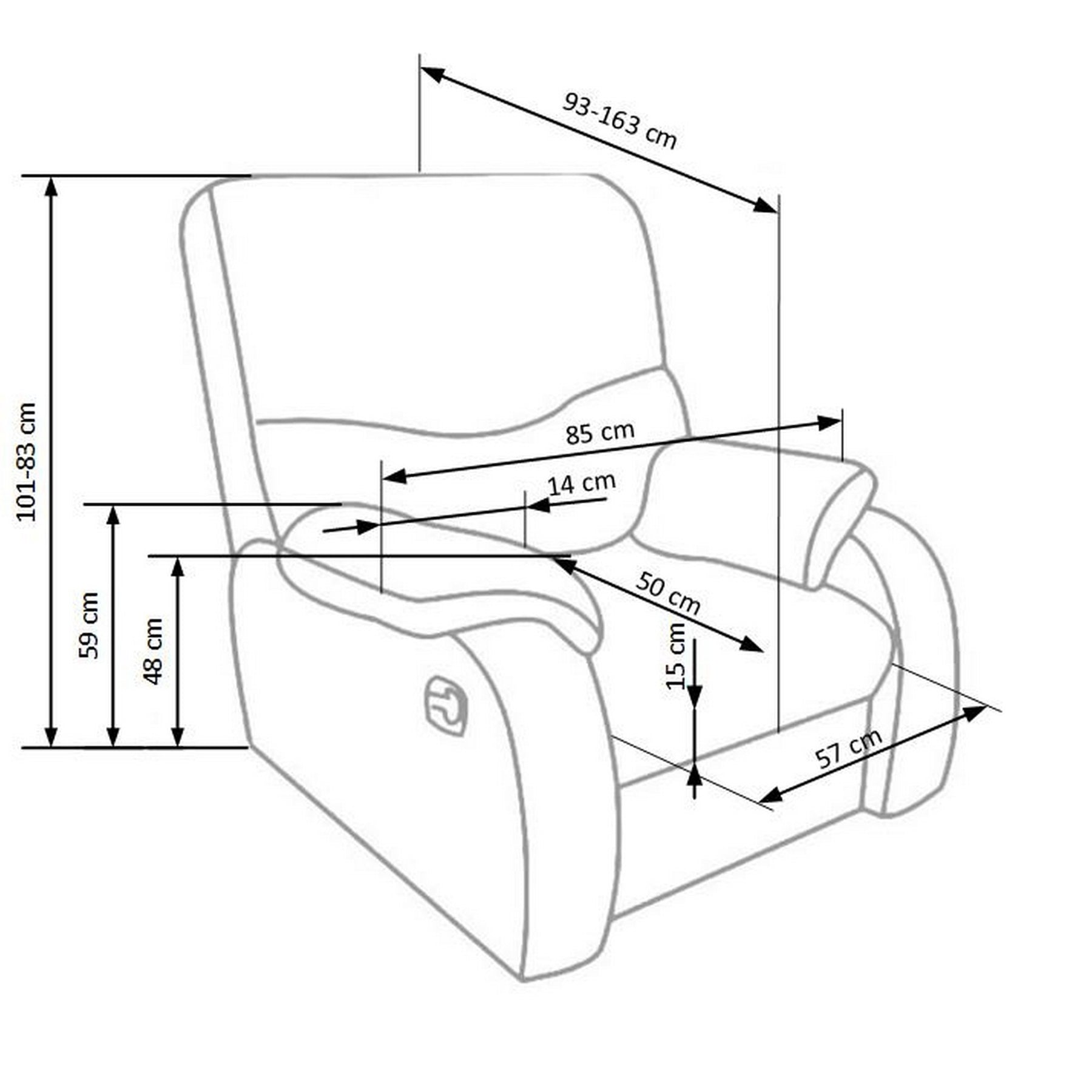 Fotoliu recliner piele JEFF, negru, 85x93/163x83/101 cm