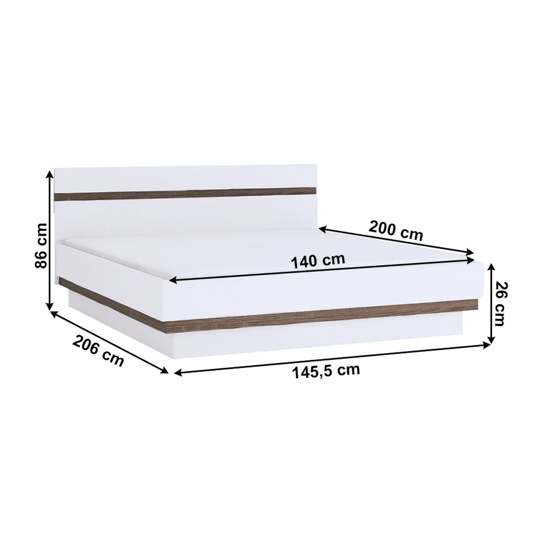 Cadru pat LYNATET TYP 91, 140x200, alb lucios/stejar inchis, PAL laminat