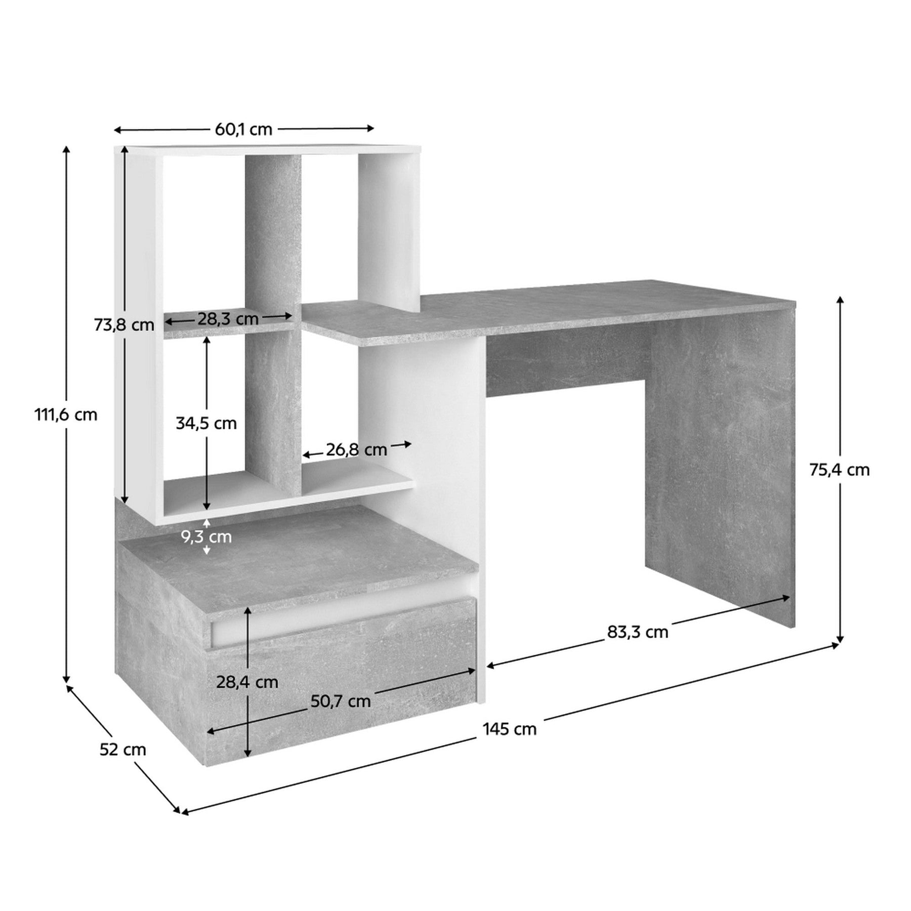 Birou NEREO NEW, gri beton/alb, DTD laminat, 145x52x112 cm