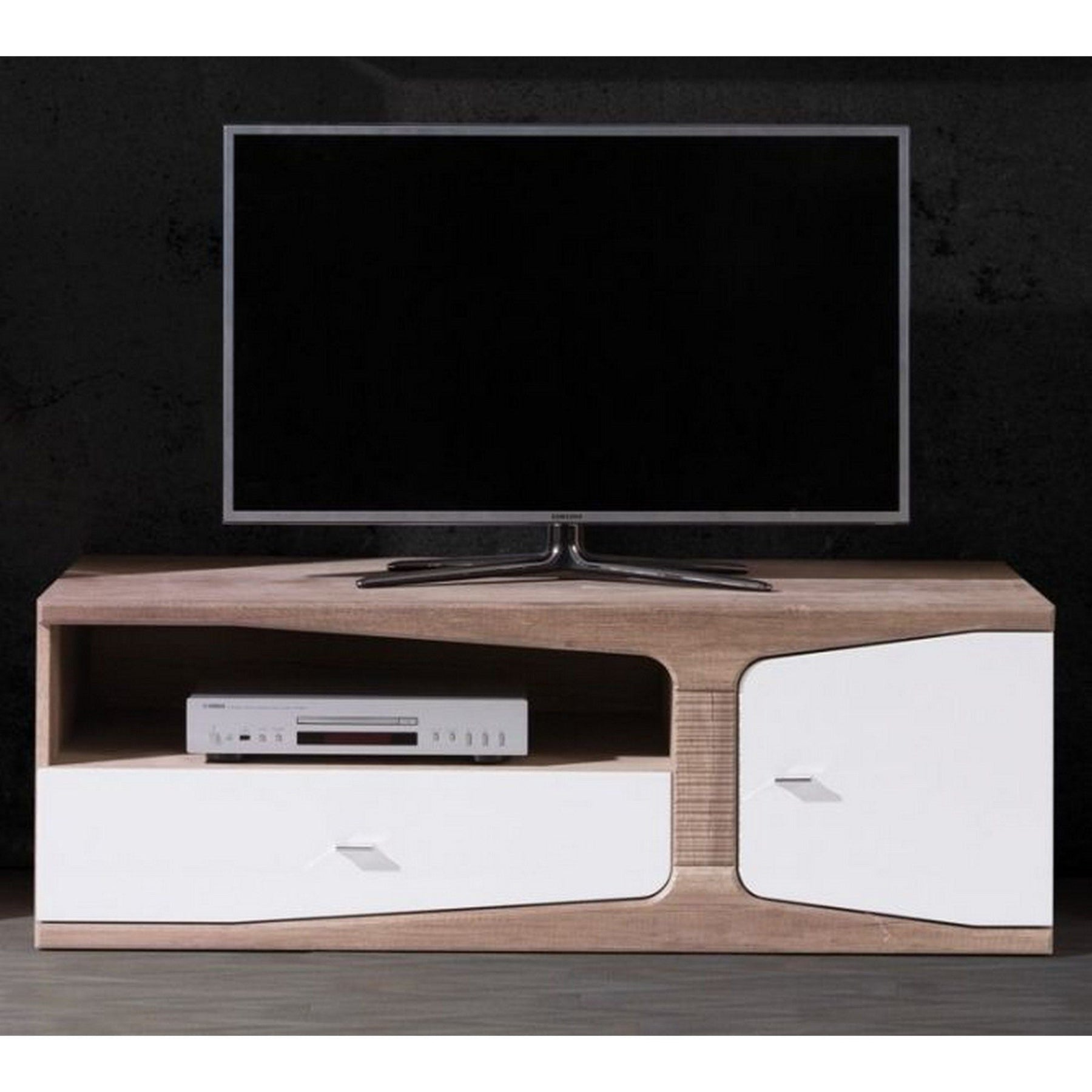 Comoda TV SANTA FE SF4, stejar, alb lucios, MDF/lemn masiv, 130x59x44 cm