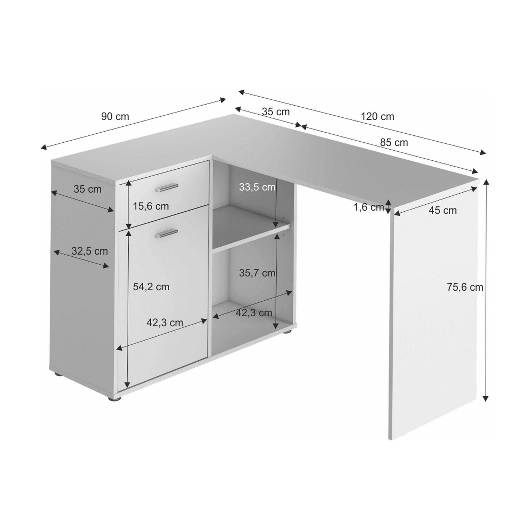 Birou KALIMERO, de colţ, alb, 120x75.6x90 cm