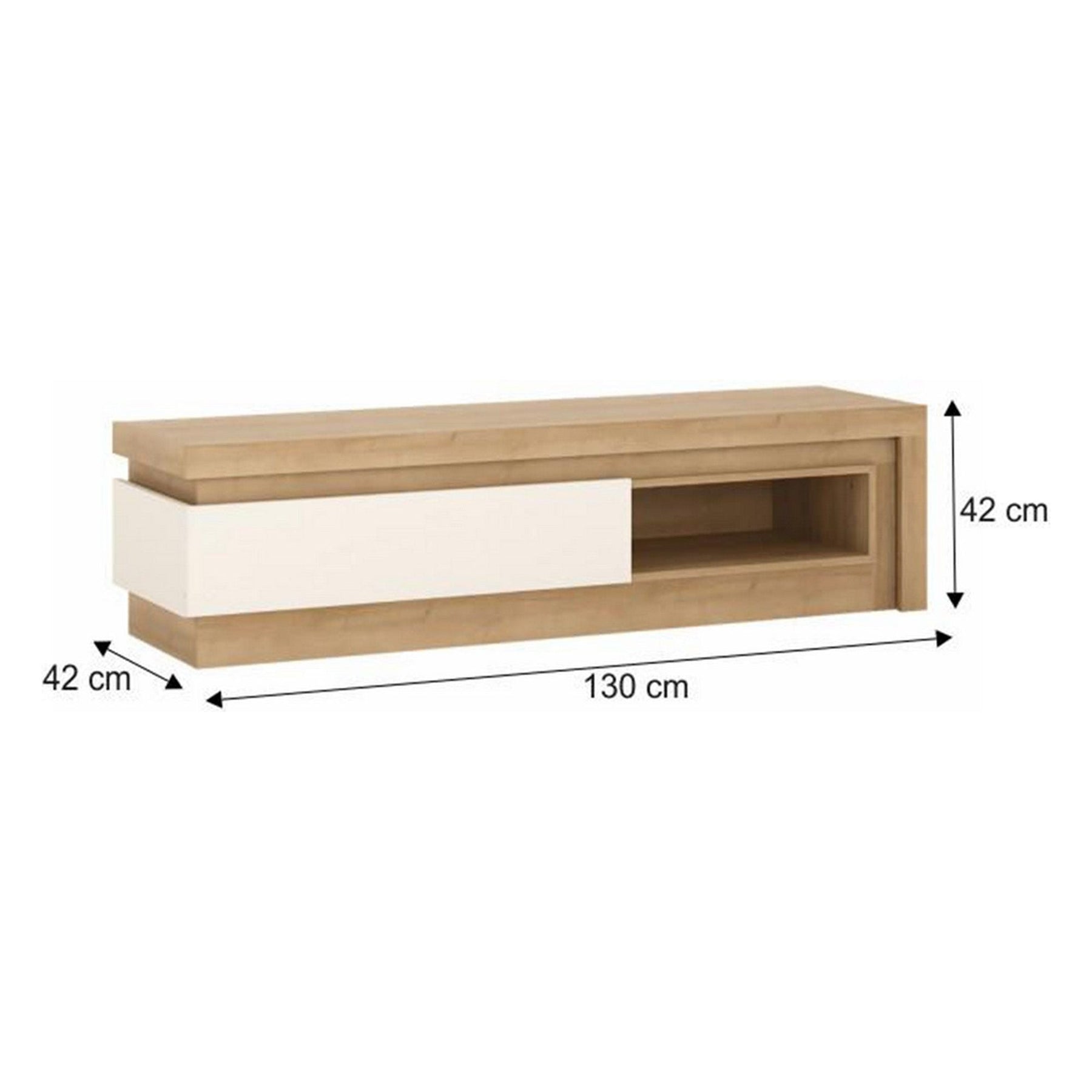 Comoda TV LEONARDO 02, PAL, stejar riviera/alb lucios, 130x42x42 cm